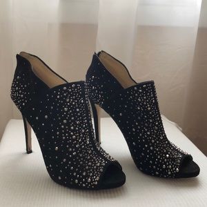 Black jeweled open toed heels